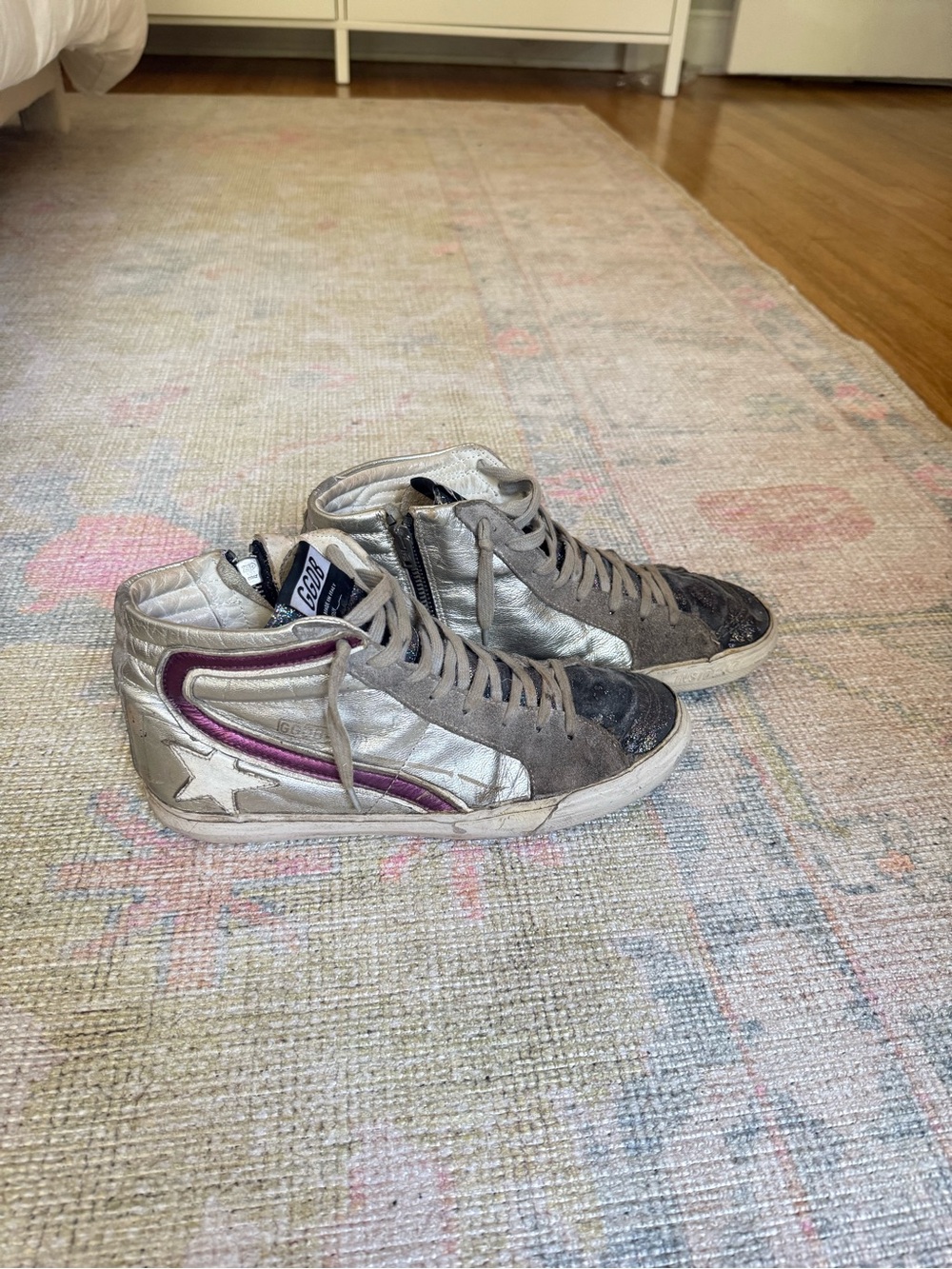 Golden Goose High-Top Slide Sneakers | Metallic with Purple Accent | Size 41